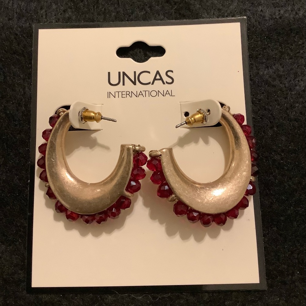 Gold and Red Hoop Earrings - Picture 2 of 3